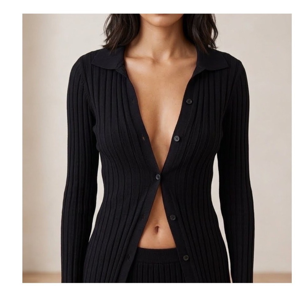 Pretty Lavish Ribbed Button Up Collared Cardigan Sweater XS Minimalist Chic